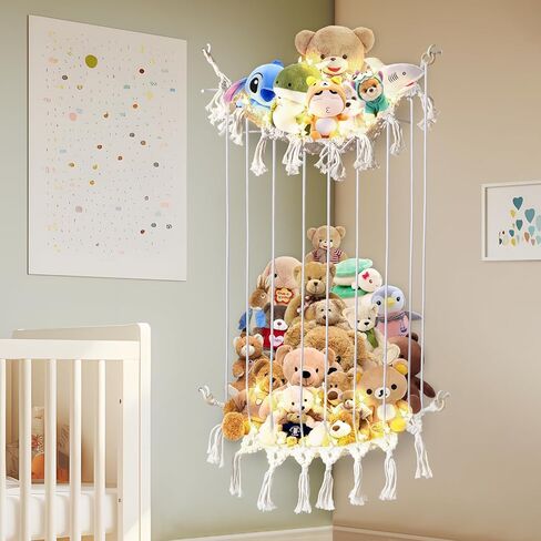 تيمارت شبكة حيوانات محشوة او ارجوحة، تخزين حيوانات محشوة بطول قابل للتعديل، حامل العاب قطيفة للزاوية مع اضواء، منظم العاب معلق بنمط بوهو شبكي لغرفة نوم الاطفال in Kuwait