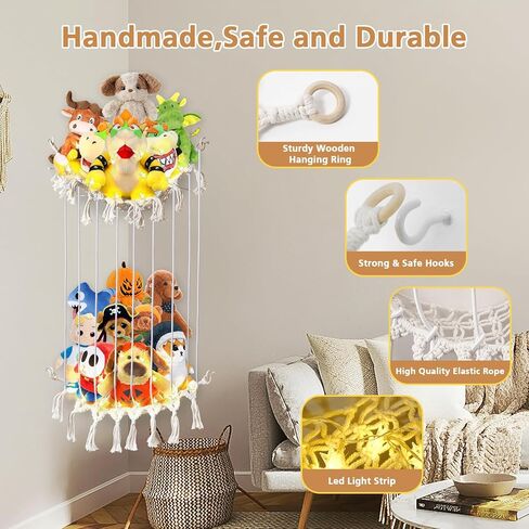تيمارت شبكة حيوانات محشوة او ارجوحة، تخزين حيوانات محشوة بطول قابل للتعديل، حامل العاب قطيفة للزاوية مع اضواء، منظم العاب معلق بنمط بوهو شبكي لغرفة نوم الاطفال in Kuwait