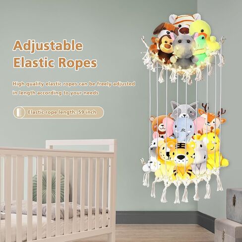 تيمارت شبكة حيوانات محشوة او ارجوحة، تخزين حيوانات محشوة بطول قابل للتعديل، حامل العاب قطيفة للزاوية مع اضواء، منظم العاب معلق بنمط بوهو شبكي لغرفة نوم الاطفال in Kuwait