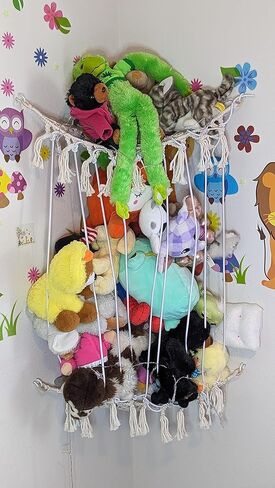 تيمارت شبكة حيوانات محشوة او ارجوحة، تخزين حيوانات محشوة بطول قابل للتعديل، حامل العاب قطيفة للزاوية مع اضواء، منظم العاب معلق بنمط بوهو شبكي لغرفة نوم الاطفال in Kuwait