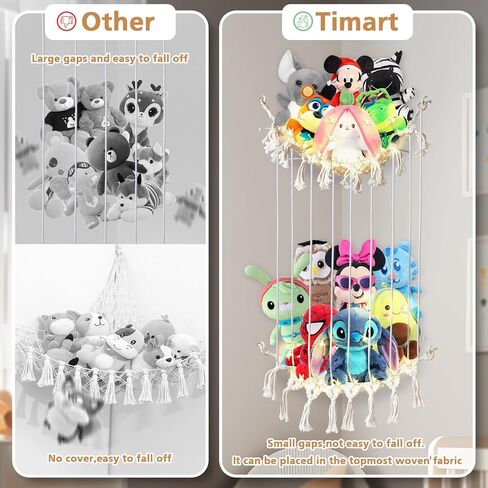 تيمارت شبكة حيوانات محشوة او ارجوحة، تخزين حيوانات محشوة بطول قابل للتعديل، حامل العاب قطيفة للزاوية مع اضواء، منظم العاب معلق بنمط بوهو شبكي لغرفة نوم الاطفال in Kuwait