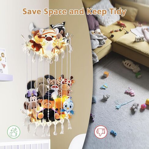 تيمارت شبكة حيوانات محشوة او ارجوحة، تخزين حيوانات محشوة بطول قابل للتعديل، حامل العاب قطيفة للزاوية مع اضواء، منظم العاب معلق بنمط بوهو شبكي لغرفة نوم الاطفال in Kuwait