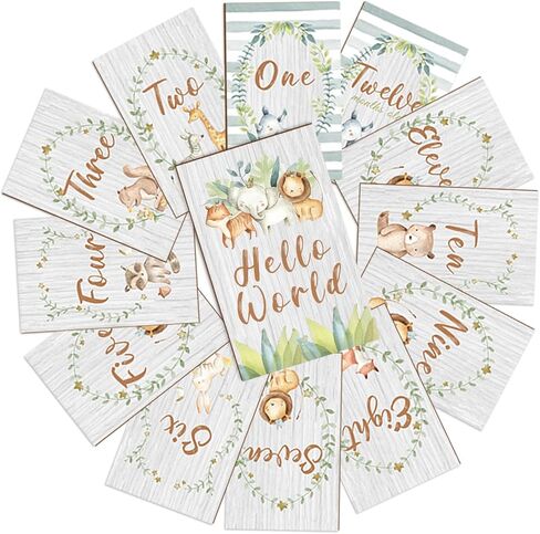 Anyzal Animals Baby إعلان علامة بطاقات معلم شهرية علامات خشبية معلم شهري مجموعة خشبية من 13 الدعائم التصوير الفوتوغرافي لحديثي الولادة للطفل صبي أو فتاة هدية لأم جديدة in Kuwait