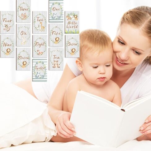 Anyzal Animals Baby إعلان علامة بطاقات معلم شهرية علامات خشبية معلم شهري مجموعة خشبية من 13 الدعائم التصوير الفوتوغرافي لحديثي الولادة للطفل صبي أو فتاة هدية لأم جديدة in Kuwait
