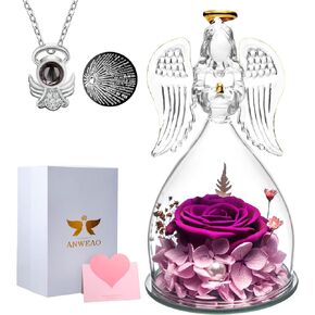 ANWEAO Valentines Day Gifts for Her,Rose Flowers Fresh Bouquet Flower Angel Gifts Preserved Real Rose,Guardian Angel Figurines Forever Flowers Gifts in Glass, Women Gifts for Anniversary Birthday