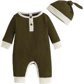 Kutersbabi Newborn Baby Boy Girl Romper Toddler Solid Ribbed One-piece Jumpsuit Clothes Hat Infant Coverall Jumper Outfit Set