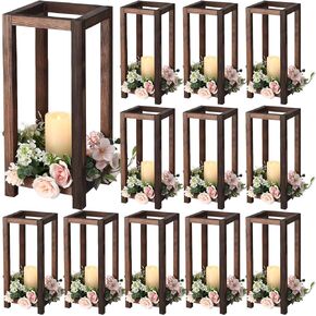 12 Pcs Integrated Wedding Lantern Centerpiece Rustic Wooden Candle Holders Modern Farmhouse Lantern Decor for Wedding Engagement Country Party Home Table Decoration (Wood Color)