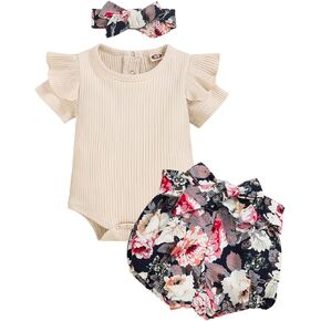 CETEPY طفلة ملابس الوليد ملابس الصيف الرضع 3 قطعة السراويل الأزهار + قصيرة كشكش رومبير Playsuit + عقال in Kuwait