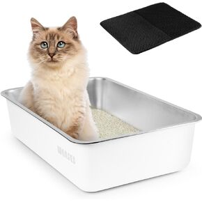 صندوق فضلات القطط من الفولاذ المقاوم للصدأ من Wenses (أبيض غير لامع)، صندوق فضلات معدني كبير للغاية للقطط الكبيرة، يتضمن حصيرة محاصرة القمامة in Kuwait