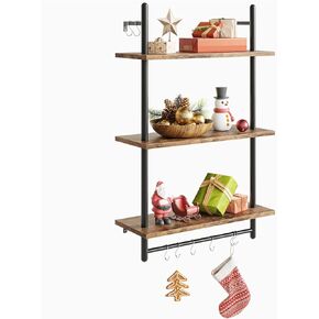 Bestier Pipe Ladder Shelf 38" Wall Mounted Floating Shelves Industrial 3 Tier Hanging Bracket Bookshelf Plant Stand with Towel Bar and Hooks in Living Room Kitchen, Rustic Brown