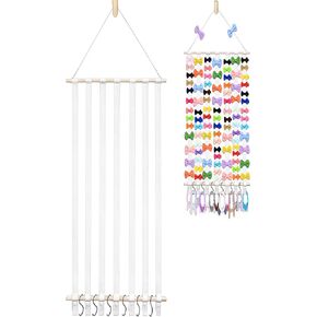 Danightime 48.5" X 16.5" Bow Holder for Baby w/7 Cotton Ribbons, 6 Metal Hooks , 1 Seamless Hook & 1 Wooden Wall Hook, Hair Bow Organizer for Girls, White