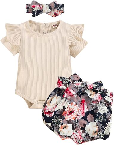 CETEPY طفلة ملابس الوليد ملابس الصيف الرضع 3 قطعة السراويل الأزهار + قصيرة كشكش رومبير Playsuit + عقال in Kuwait