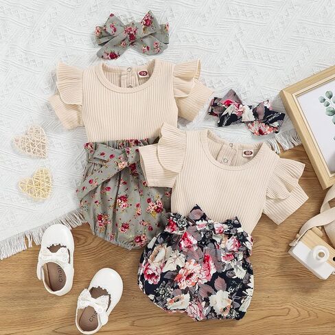 CETEPY طفلة ملابس الوليد ملابس الصيف الرضع 3 قطعة السراويل الأزهار + قصيرة كشكش رومبير Playsuit + عقال in Kuwait