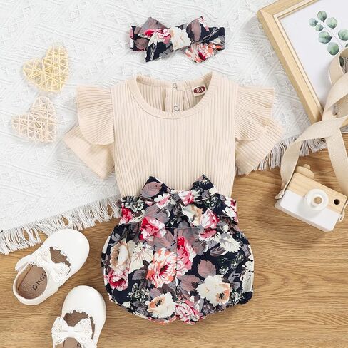 CETEPY طفلة ملابس الوليد ملابس الصيف الرضع 3 قطعة السراويل الأزهار + قصيرة كشكش رومبير Playsuit + عقال in Kuwait