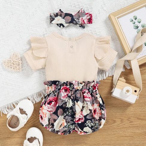 CETEPY طفلة ملابس الوليد ملابس الصيف الرضع 3 قطعة السراويل الأزهار + قصيرة كشكش رومبير Playsuit + عقال in Kuwait