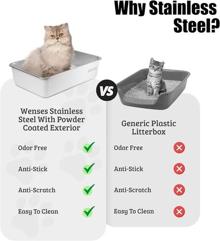 صندوق فضلات القطط من الفولاذ المقاوم للصدأ من Wenses (أبيض غير لامع)، صندوق فضلات معدني كبير للغاية للقطط الكبيرة، يتضمن حصيرة محاصرة القمامة in Kuwait