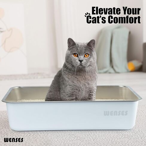 صندوق فضلات القطط من الفولاذ المقاوم للصدأ من Wenses (أبيض غير لامع)، صندوق فضلات معدني كبير للغاية للقطط الكبيرة، يتضمن حصيرة محاصرة القمامة in Kuwait