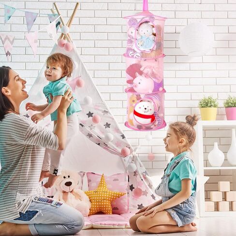 فو يامب سلة تخزين حيوانات محشوة قابلة للطي مكونة من 3 اقسام لتخزين الحيوانات المحشوة، سلة تخزين العاب للاطفال والبنات والحمام (بينك) من قطعتين in Kuwait