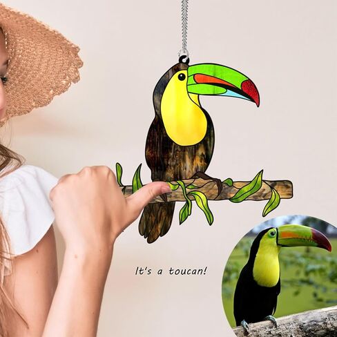 MATIHAY Toucan Acrylic Window Hangings, Green Beak Toucan Ornament Birds on Branch Wall Decor Rainforest Party Decorations Toucan Gifts in Kuwait