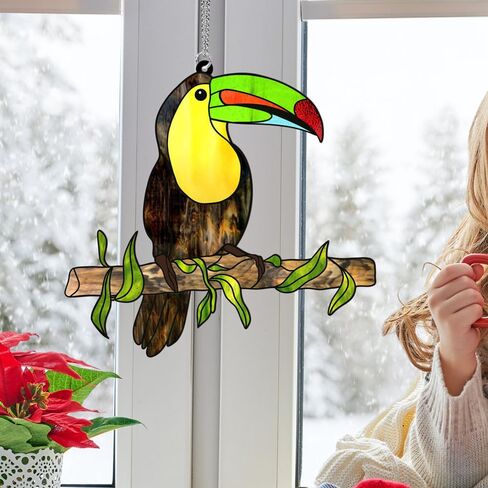 MATIHAY Toucan Acrylic Window Hangings, Green Beak Toucan Ornament Birds on Branch Wall Decor Rainforest Party Decorations Toucan Gifts in Kuwait