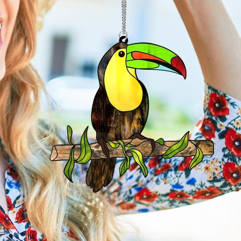 MATIHAY Toucan Acrylic Window Hangings, Green Beak Toucan Ornament Birds on Branch Wall Decor Rainforest Party Decorations Toucan Gifts in Kuwait
