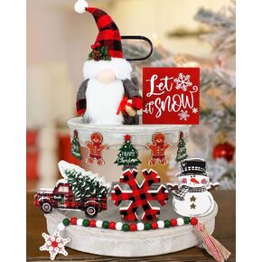 7Pcs Christmas Tiered Tray Decor,Incl. Christmas Truck/Snowflake/Snowman/Let It Snow Wooden Sign/Gnomes Plush/Bead Garland/Tree Banner,Christmas Decor for Tiered Tray(Tray Not Included) in Kuwait