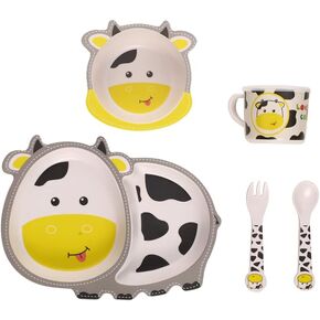 Kids Dinnerware Set Bamboo 5 Pcs with Plate Bowl Cup Fork Spoon (Cow)