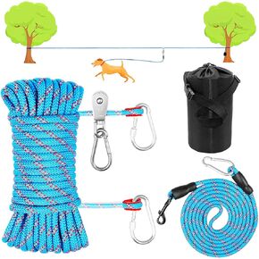 Dog Tie Out Cable for Camping,75ft Portable Overhead Trolley System with 10ft Runner Lead for Dogs up to 200lbs，Portable Reflective Dog Lead Line for Yard, Park and Outdoor (Blue)