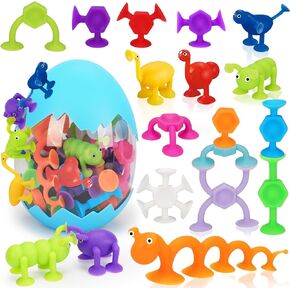 Suction Cup Toys, 35 Pcs Kids Bath ToySensory for 2 3 4 5 6 Year Old Boy Girl Toddler Travel Toy Age 1-3 3-5 Educational Silicone Dinosaur Sucker Window Toy Squigs with Eggshell Storage Stress Release