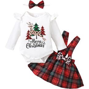 LUJENGEFA طفلة بلدي 1st زي عيد الميلاد عيد الميلاد إلكتروني طباعة كشكش رومبير + تنورة حمراء منقوشة الحمالات + عقال مجموعة الملابس in Kuwait