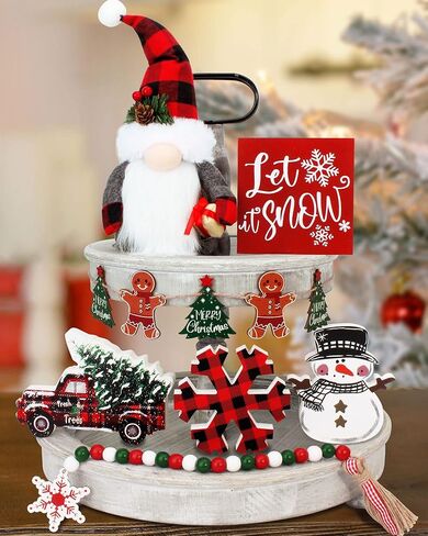 7Pcs Christmas Tiered Tray Decor,Incl. Christmas Truck/Snowflake/Snowman/Let It Snow Wooden Sign/Gnomes Plush/Bead Garland/Tree Banner,Christmas Decor for Tiered Tray(Tray Not Included) in Kuwait