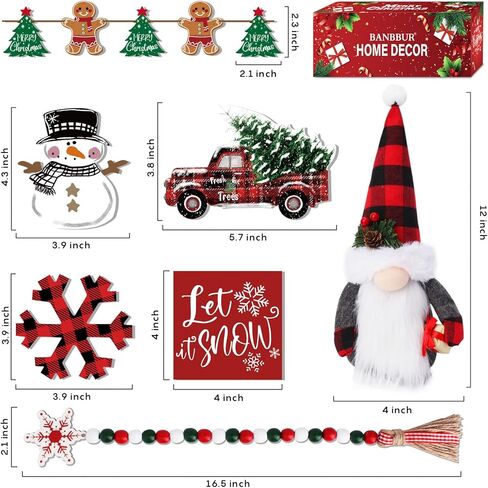 7Pcs Christmas Tiered Tray Decor,Incl. Christmas Truck/Snowflake/Snowman/Let It Snow Wooden Sign/Gnomes Plush/Bead Garland/Tree Banner,Christmas Decor for Tiered Tray(Tray Not Included) in Kuwait