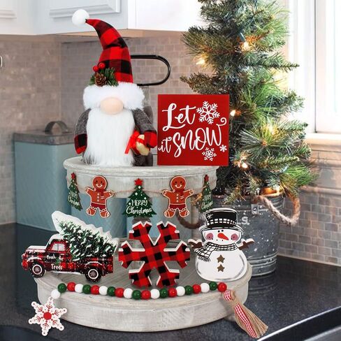7Pcs Christmas Tiered Tray Decor,Incl. Christmas Truck/Snowflake/Snowman/Let It Snow Wooden Sign/Gnomes Plush/Bead Garland/Tree Banner,Christmas Decor for Tiered Tray(Tray Not Included) in Kuwait