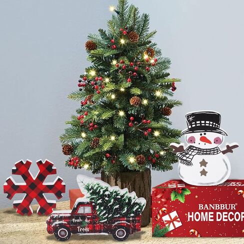 7Pcs Christmas Tiered Tray Decor,Incl. Christmas Truck/Snowflake/Snowman/Let It Snow Wooden Sign/Gnomes Plush/Bead Garland/Tree Banner,Christmas Decor for Tiered Tray(Tray Not Included) in Kuwait