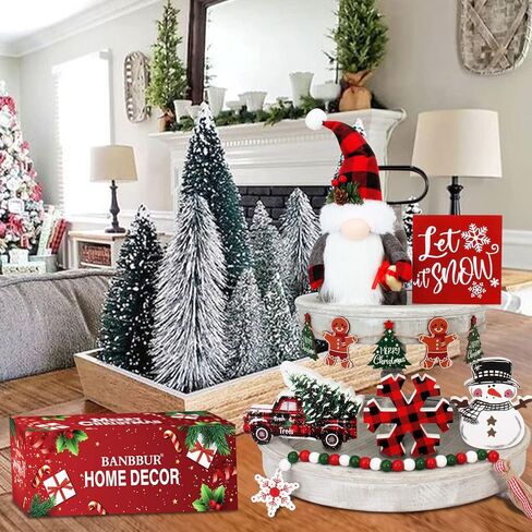 7Pcs Christmas Tiered Tray Decor,Incl. Christmas Truck/Snowflake/Snowman/Let It Snow Wooden Sign/Gnomes Plush/Bead Garland/Tree Banner,Christmas Decor for Tiered Tray(Tray Not Included) in Kuwait