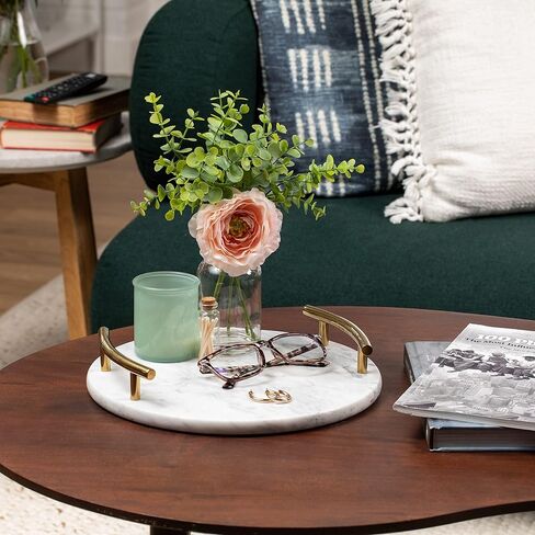 صينية رخامية بيضاء بمقابض ذهبية - صينية عطر رخامية للتزيين - صينية تزيين دائرية (دائرية، بيضاء) in Kuwait