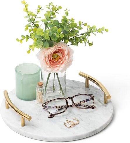 صينية رخامية بيضاء بمقابض ذهبية - صينية عطر رخامية للتزيين - صينية تزيين دائرية (دائرية، بيضاء) in Kuwait