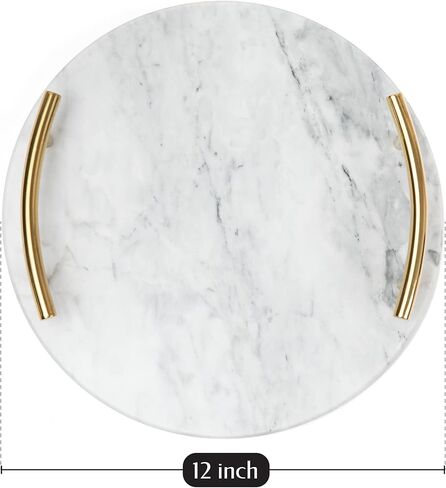 صينية رخامية بيضاء بمقابض ذهبية - صينية عطر رخامية للتزيين - صينية تزيين دائرية (دائرية، بيضاء) in Kuwait