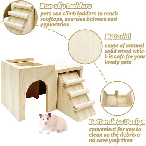 kathson Hamster Wooden Hideout Gerbils Hut with Ladder Habitats Toys in Kuwait