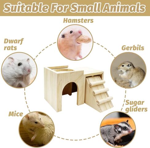 kathson Hamster Wooden Hideout Gerbils Hut with Ladder Habitats Toys in Kuwait