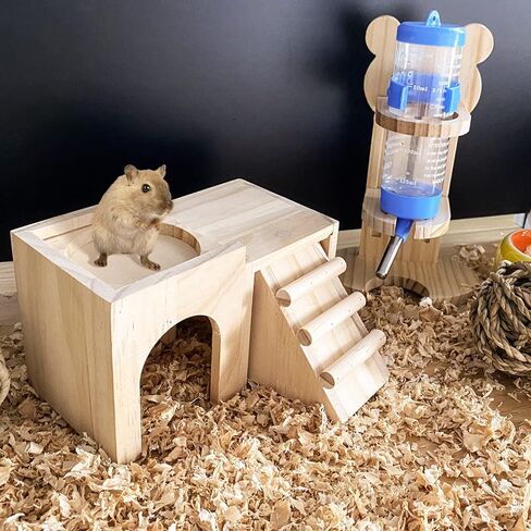 kathson Hamster Wooden Hideout Gerbils Hut with Ladder Habitats Toys in Kuwait