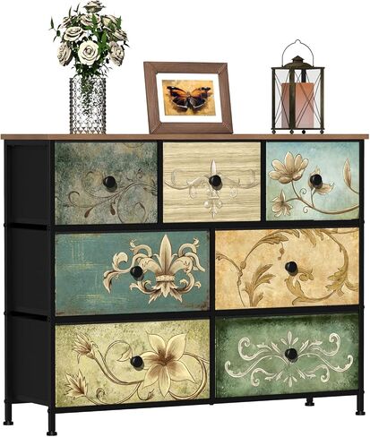 Dresser with Drawers for Bedroom Chest of Drawers Fabric Dresser for Closet,Nursery Entryway Hall Tree TV Stand for Living Room Retro Floral Pattern Drawers Wooden Top (12 Drawers) in Saudi Arabia