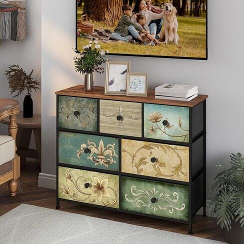 Dresser with Drawers for Bedroom Chest of Drawers Fabric Dresser for Closet,Nursery Entryway Hall Tree TV Stand for Living Room Retro Floral Pattern Drawers Wooden Top (12 Drawers) in Saudi Arabia