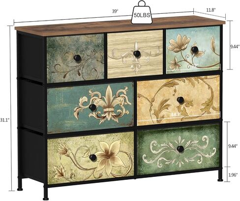Dresser with Drawers for Bedroom Chest of Drawers Fabric Dresser for Closet,Nursery Entryway Hall Tree TV Stand for Living Room Retro Floral Pattern Drawers Wooden Top (12 Drawers) in Saudi Arabia