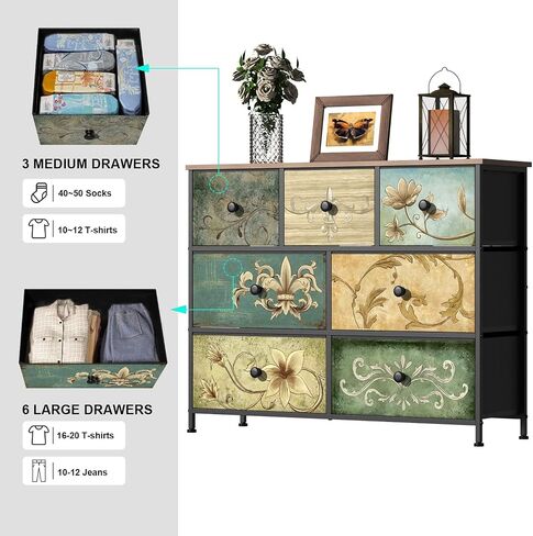 Dresser with Drawers for Bedroom Chest of Drawers Fabric Dresser for Closet,Nursery Entryway Hall Tree TV Stand for Living Room Retro Floral Pattern Drawers Wooden Top (12 Drawers) in Saudi Arabia
