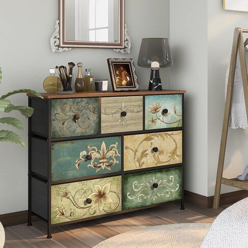 Dresser with Drawers for Bedroom Chest of Drawers Fabric Dresser for Closet,Nursery Entryway Hall Tree TV Stand for Living Room Retro Floral Pattern Drawers Wooden Top (12 Drawers) in Saudi Arabia