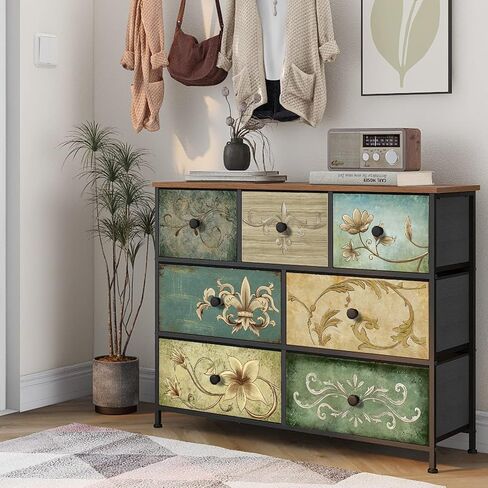 Dresser with Drawers for Bedroom Chest of Drawers Fabric Dresser for Closet,Nursery Entryway Hall Tree TV Stand for Living Room Retro Floral Pattern Drawers Wooden Top (12 Drawers) in Saudi Arabia