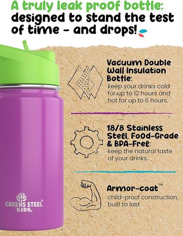 Kids Water Bottle - 12oz Blue | Leak Proof With Straw & Handle | 24 Hours Cold | Insulated, Double Wall Stainless Steel | Easy Sip Toddler Cup | Child's Flask | Eco Friendly in Saudi Arabia