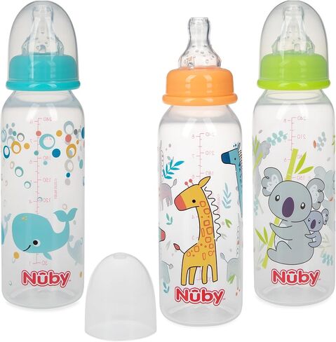 Nuby Printed Non-Drip 8oz Bottle, 3 Pack - Aqua, Orange, Green in Saudi Arabia