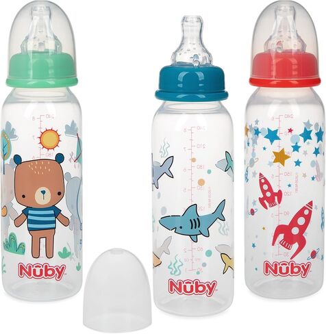Nuby Printed Non-Drip 8oz Bottle, 3 Pack - Aqua, Orange, Green in Saudi Arabia